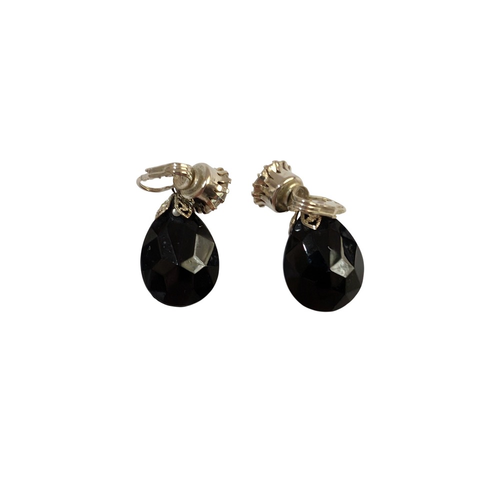 Vintage Black Teardrop Rhinestone Clip On Earrings Silver Tone Filigree Dangle